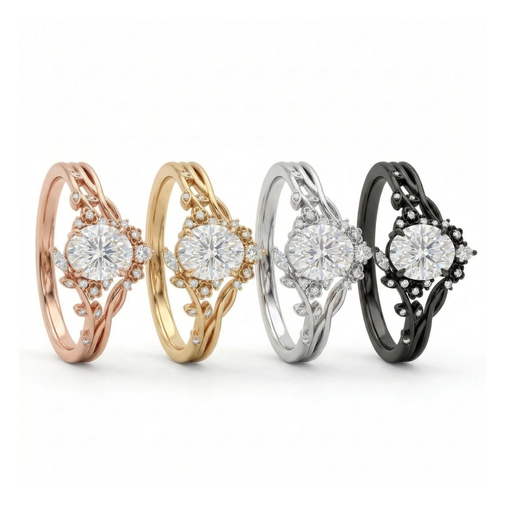 Oval moissanite flower engagement ring set with floral design 4 color ring