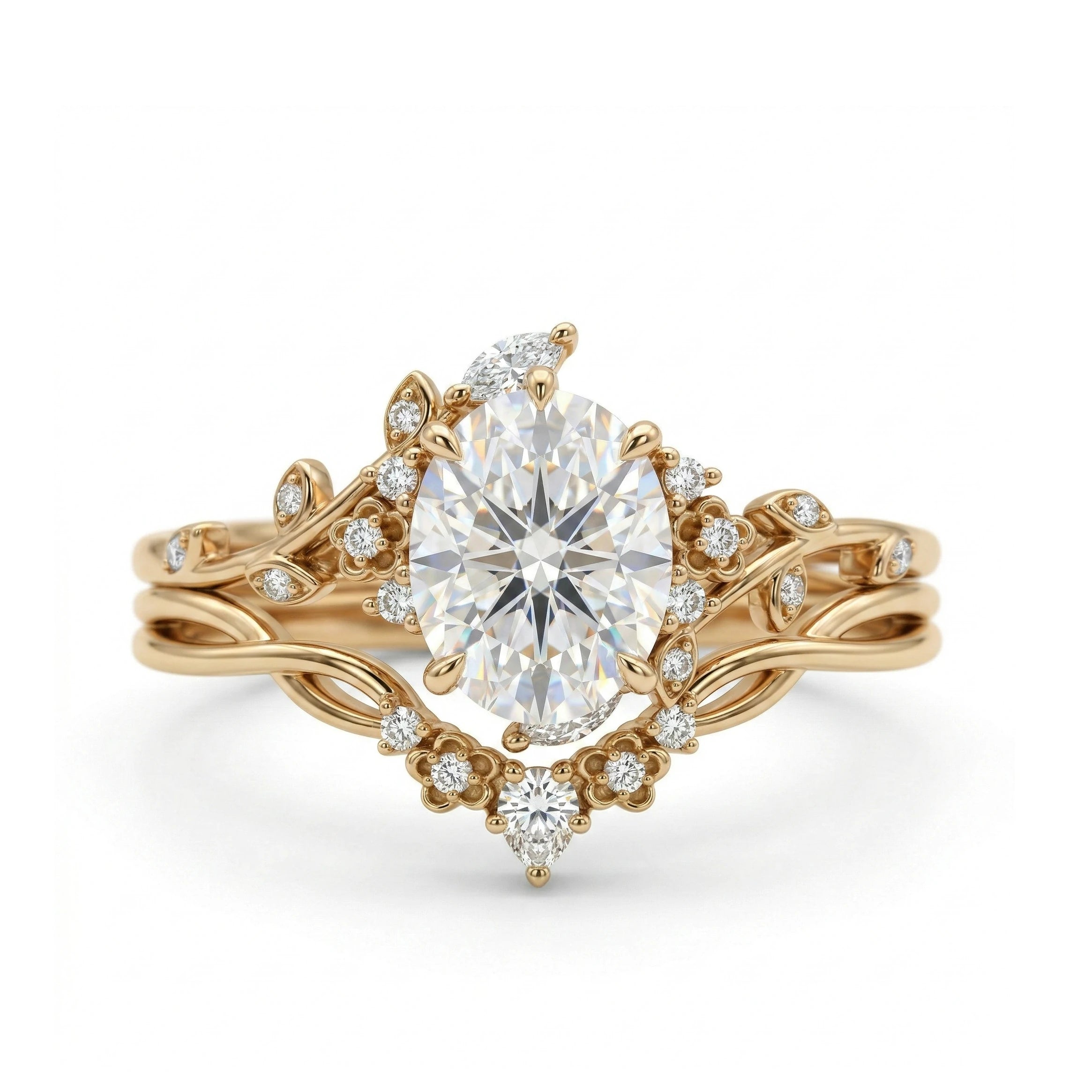 Oval moissanite flower engagement ring set with floral design