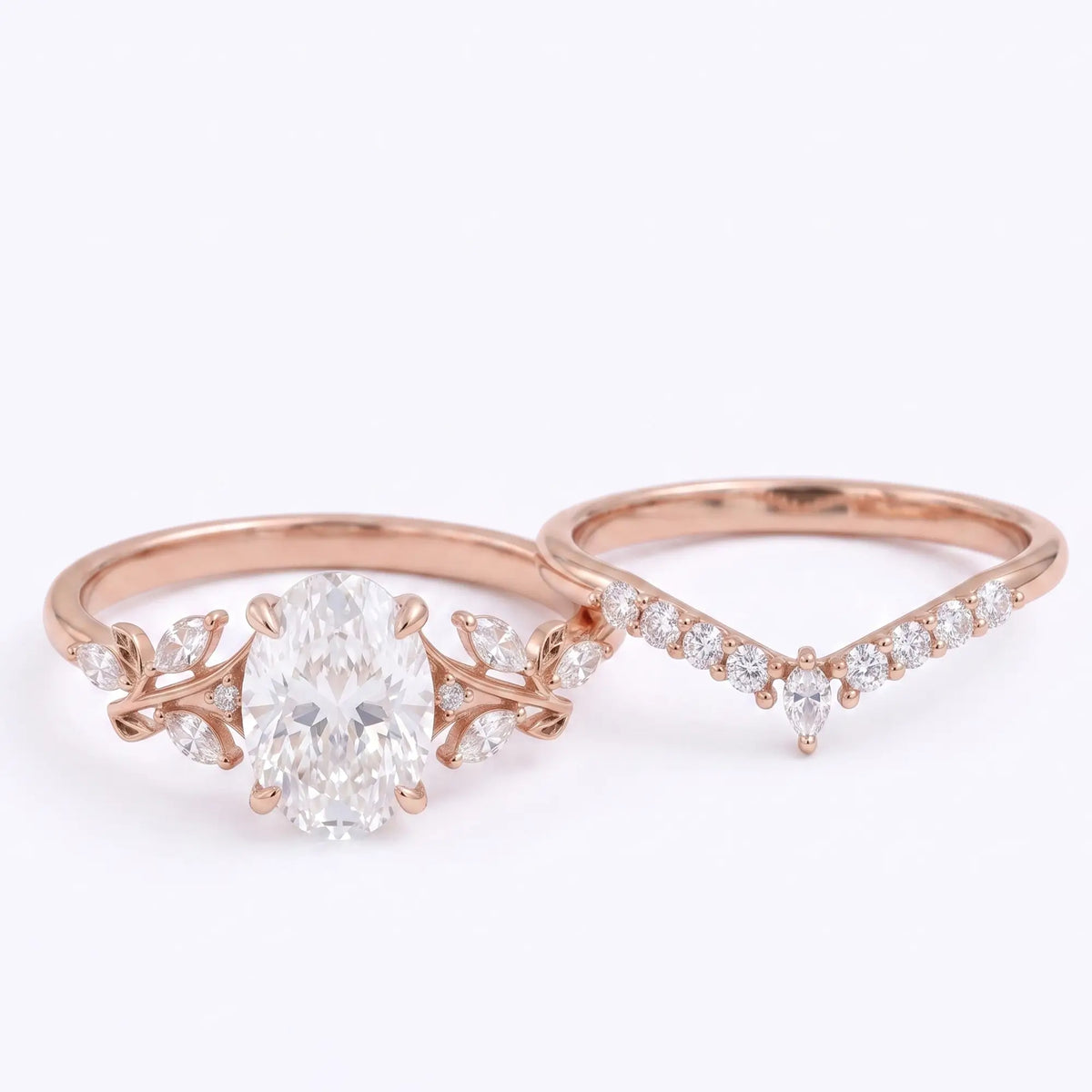 Oval cut moissanite leaf bridal ring set in rose gold with curved wedding band 2 pcs