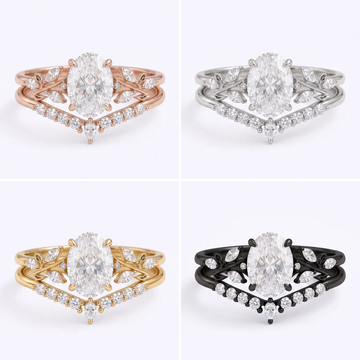 Oval cut moissanite leaf bridal ring set shown in black gold, white gold, rose gold, and yellow gold