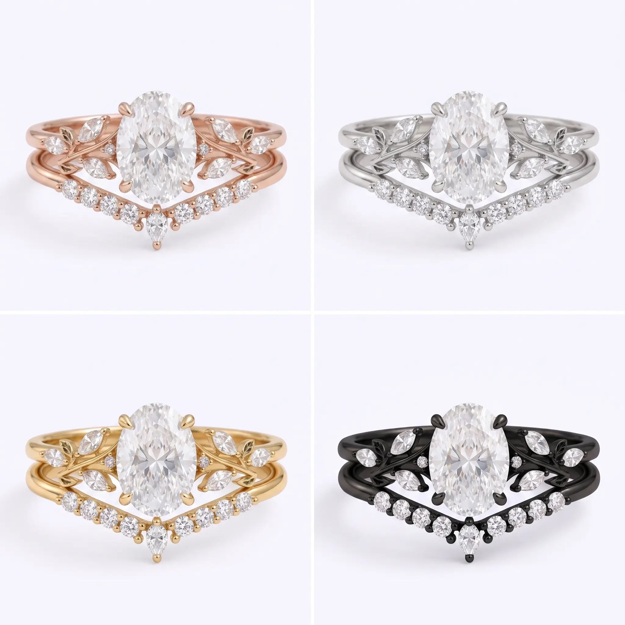 Oval cut moissanite leaf bridal ring set shown in black gold, white gold, rose gold, and yellow gold