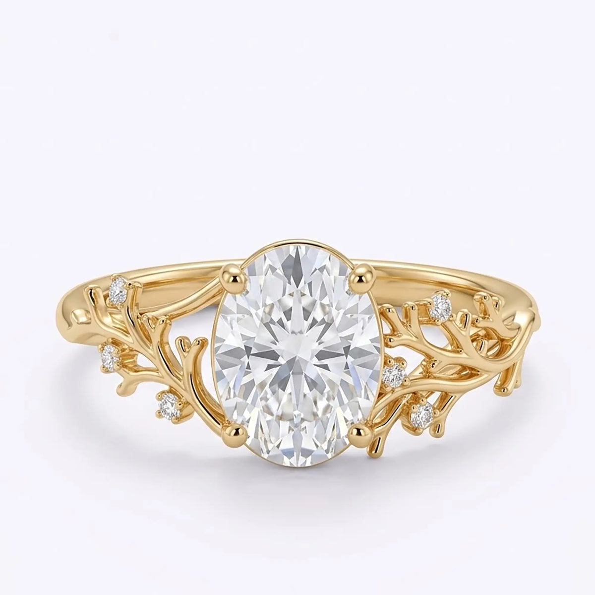 Oval moissanite ocean inspired coral engagement ring in gold