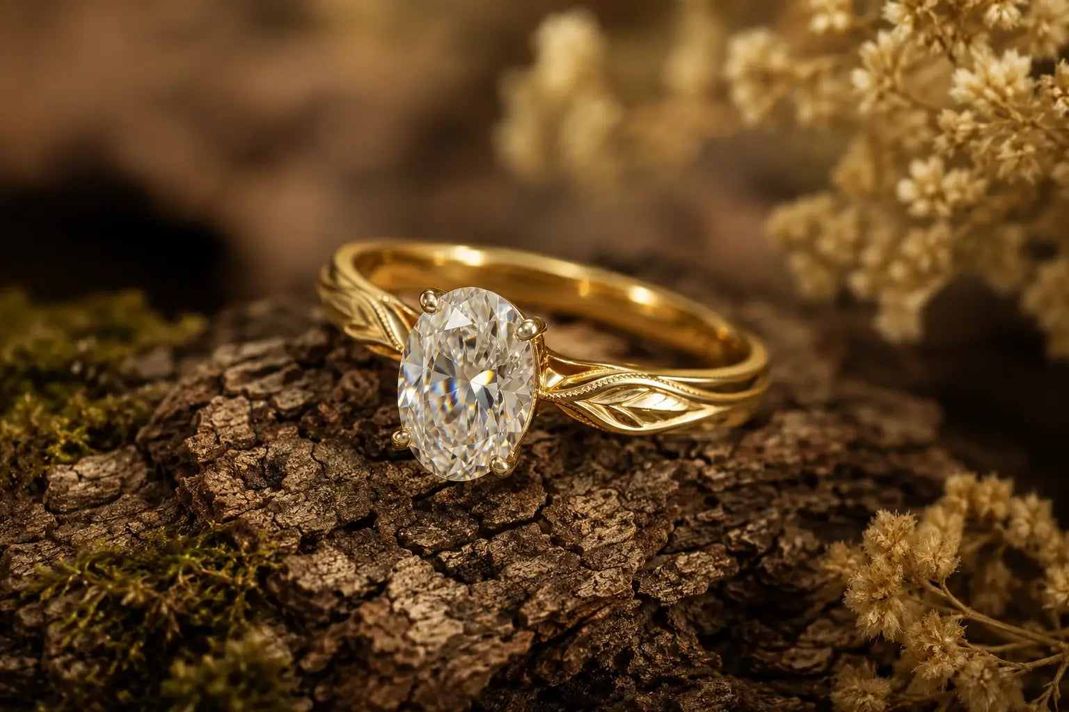 Oval moissanite engagement ring with brilliant elongated center stone in handcrafted gold setting