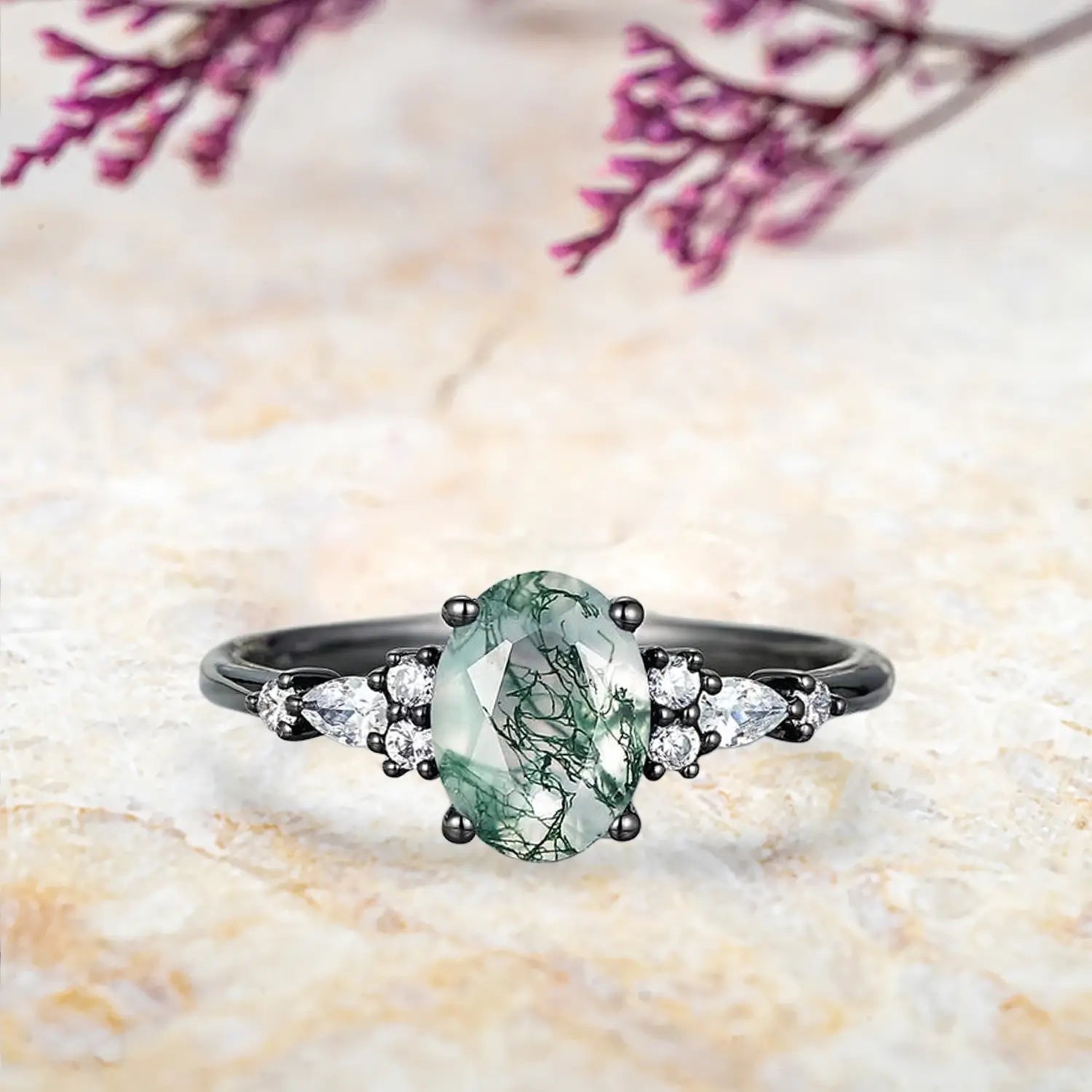 Oval moss agate engagement ring with moissanite halo in black gold Gothic wedding rings