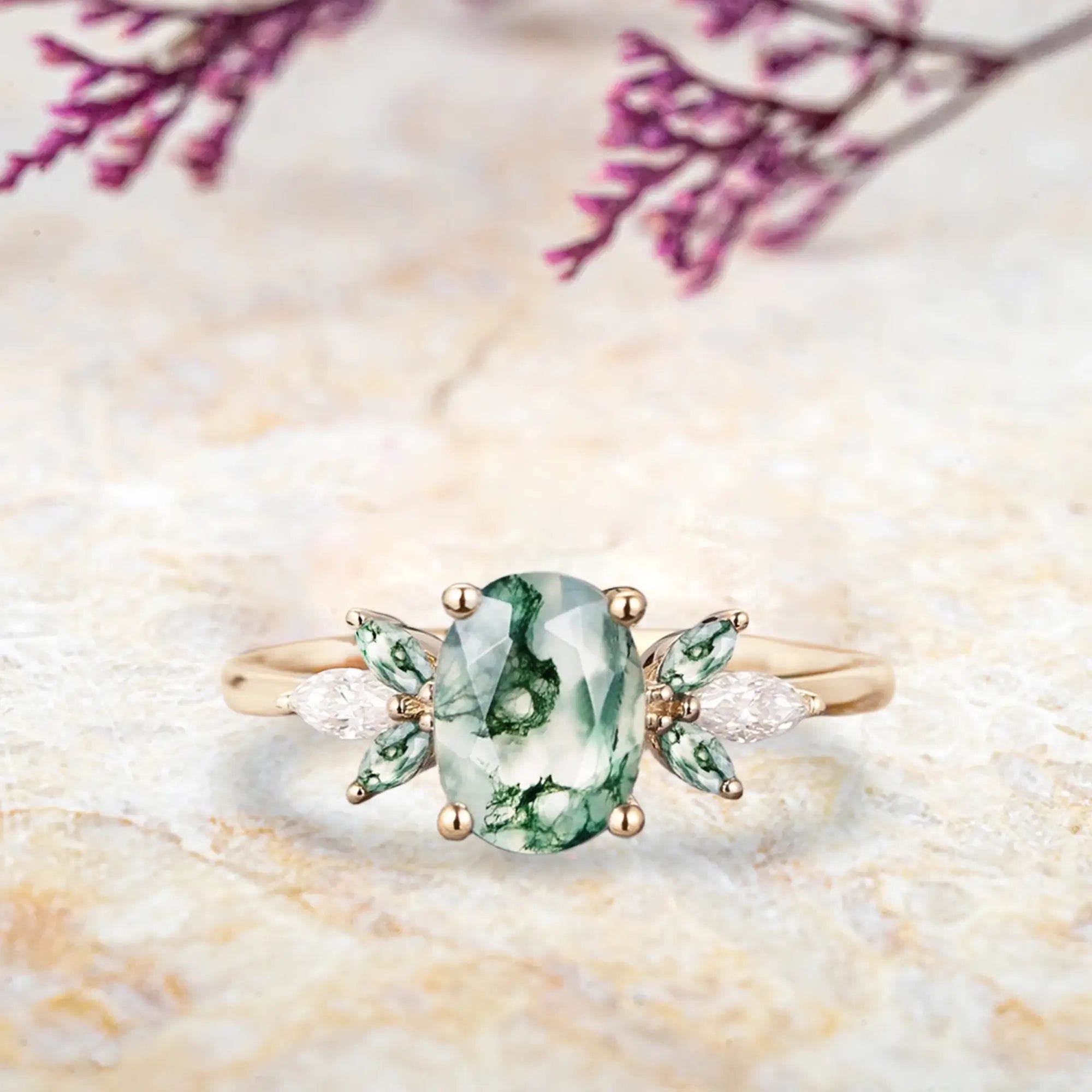 Oval moss agate engagement ring rose gold with marquise diamond cluster Art Deco design ORLEONE jewelry