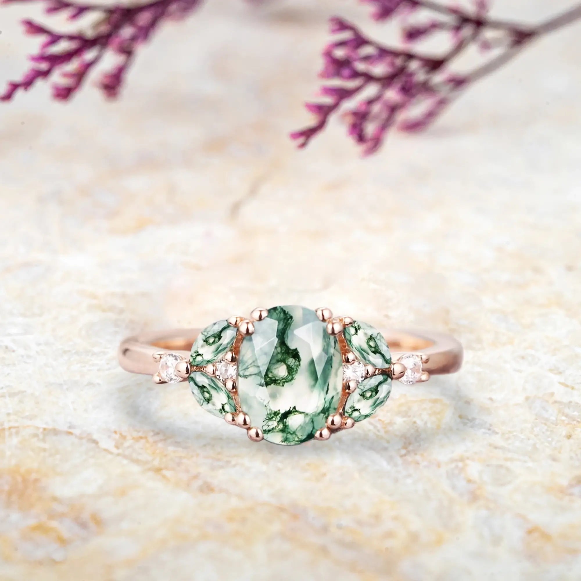Oval moss agate engagement ring rose gold with marquise diamond cluster Art Deco design orleone jewelry
