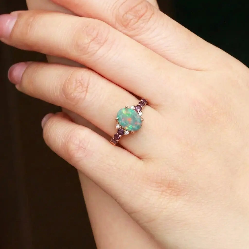 opal engagement ring oval center with alexandrite side stones classic cluster ring for women