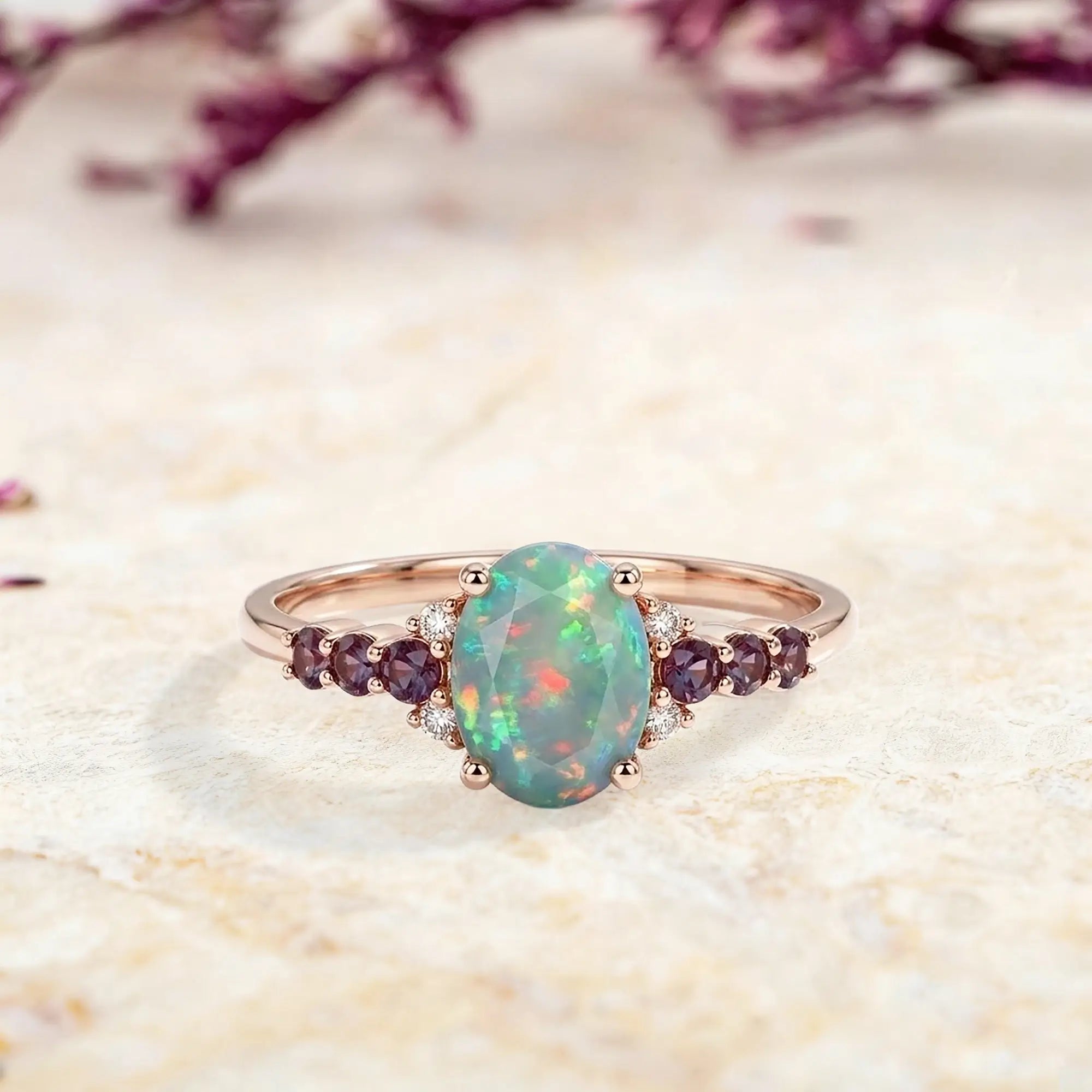 oval opal engagement ring with alexandrite cluster october birthstone ring classic romantic ring for her