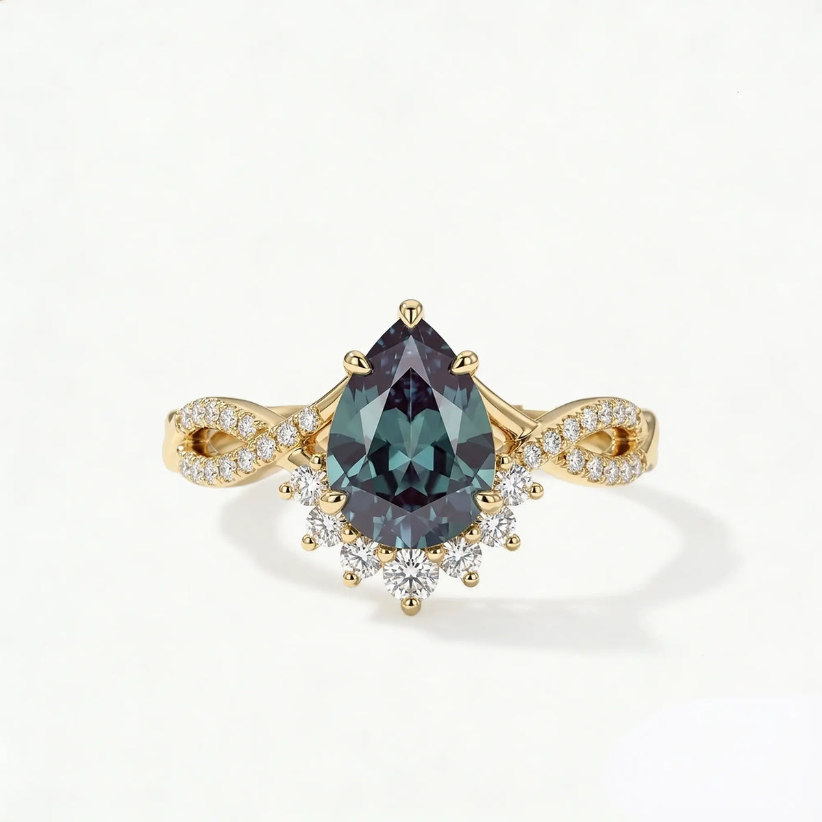 pear cut alexandrite engagement ring twisted pavé infinity band vintage