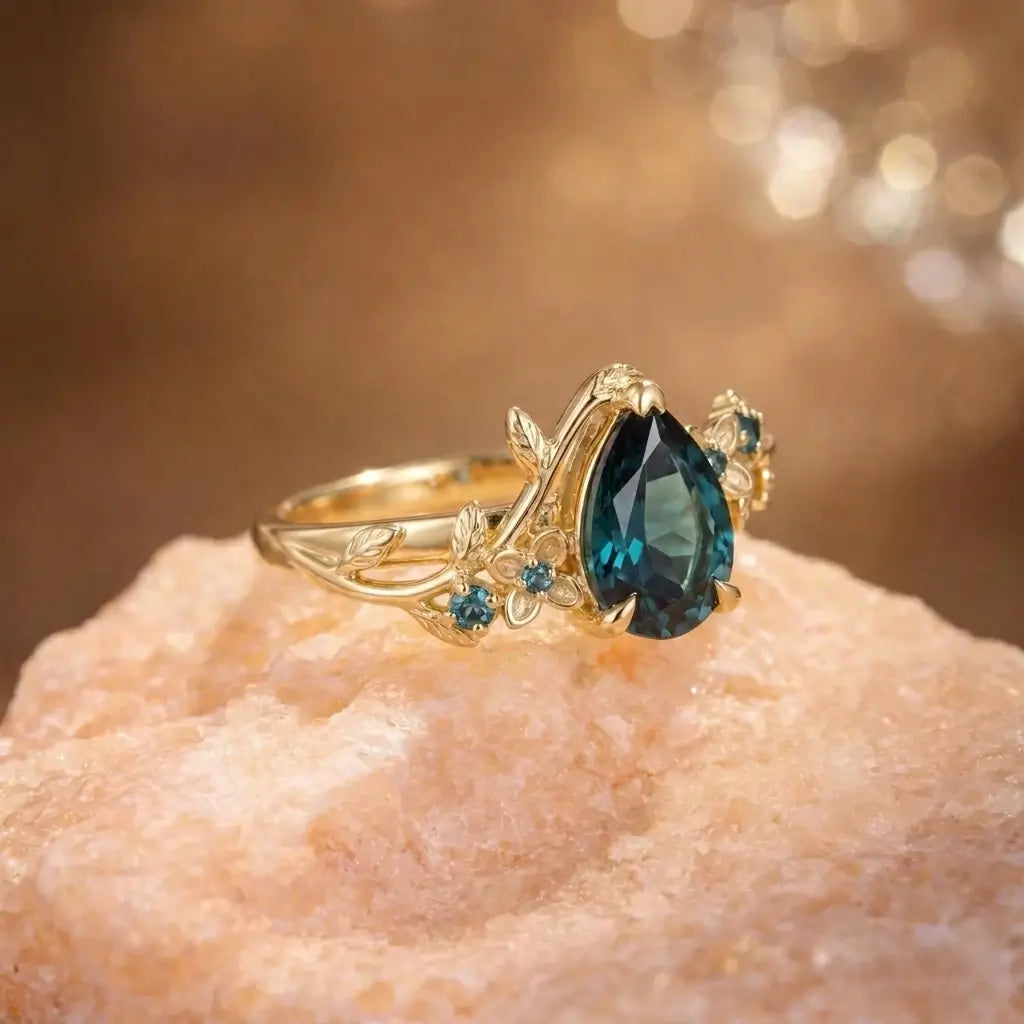 Pear cut alexandrite engagement ring with floral leaf band orleone jewelry handmade custom ring