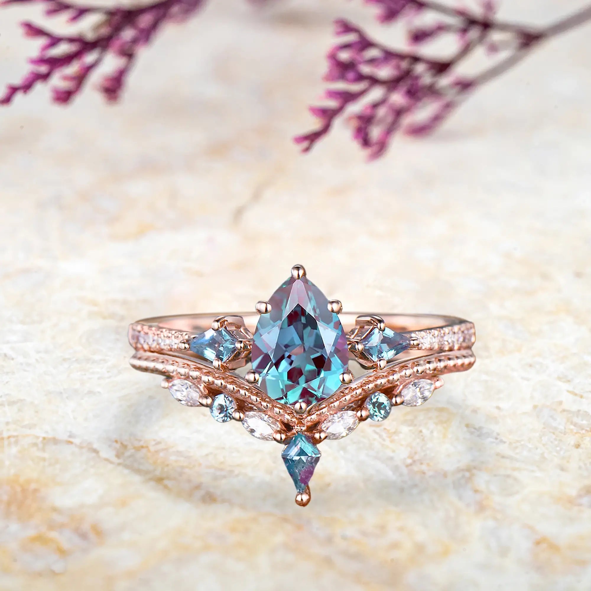  Pear alexandrite bridal set in rose gold with kite diamond accents vintage design