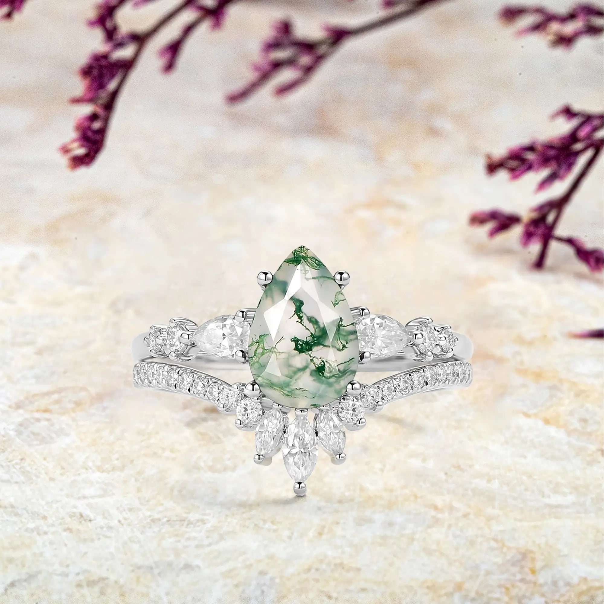 Lyara — Pear Moss Agate Ring Set | Modern Staccato 2pcs Engagement & Wedding Ring