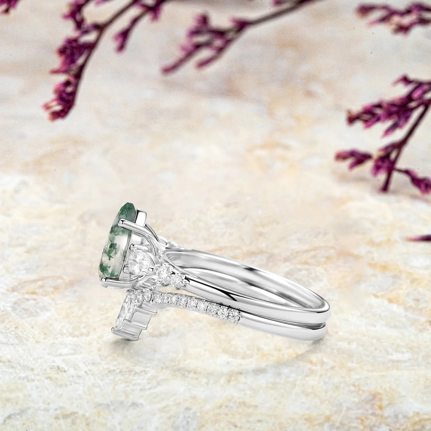 Lyara — Pear Moss Agate Ring Set | Modern Staccato 2pcs Engagement & Wedding Ring
