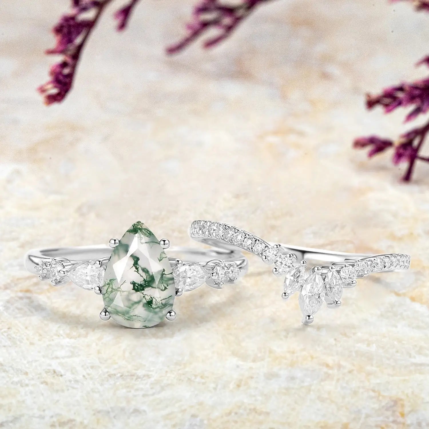 Lyara — Pear Moss Agate Ring Set | Modern Staccato 2pcs Engagement & Wedding Ring