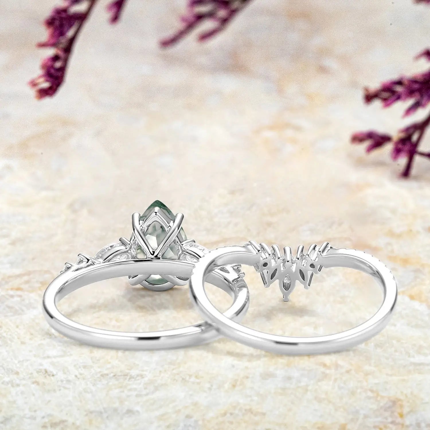 Lyara — Pear Moss Agate Ring Set | Modern Staccato 2pcs Engagement & Wedding Ring