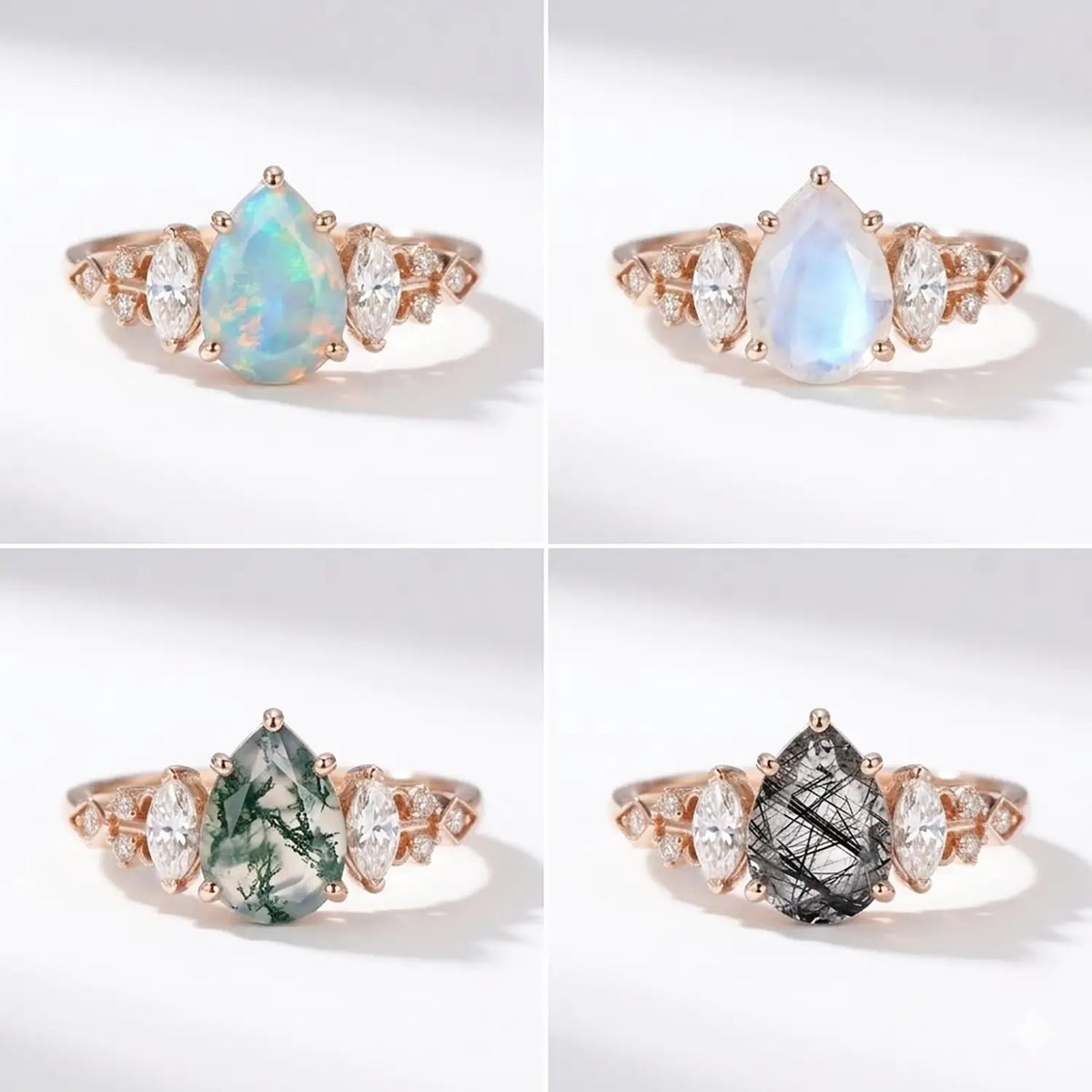 natural white opal engagement ring moissanite accent ring moonstone mossagate stone