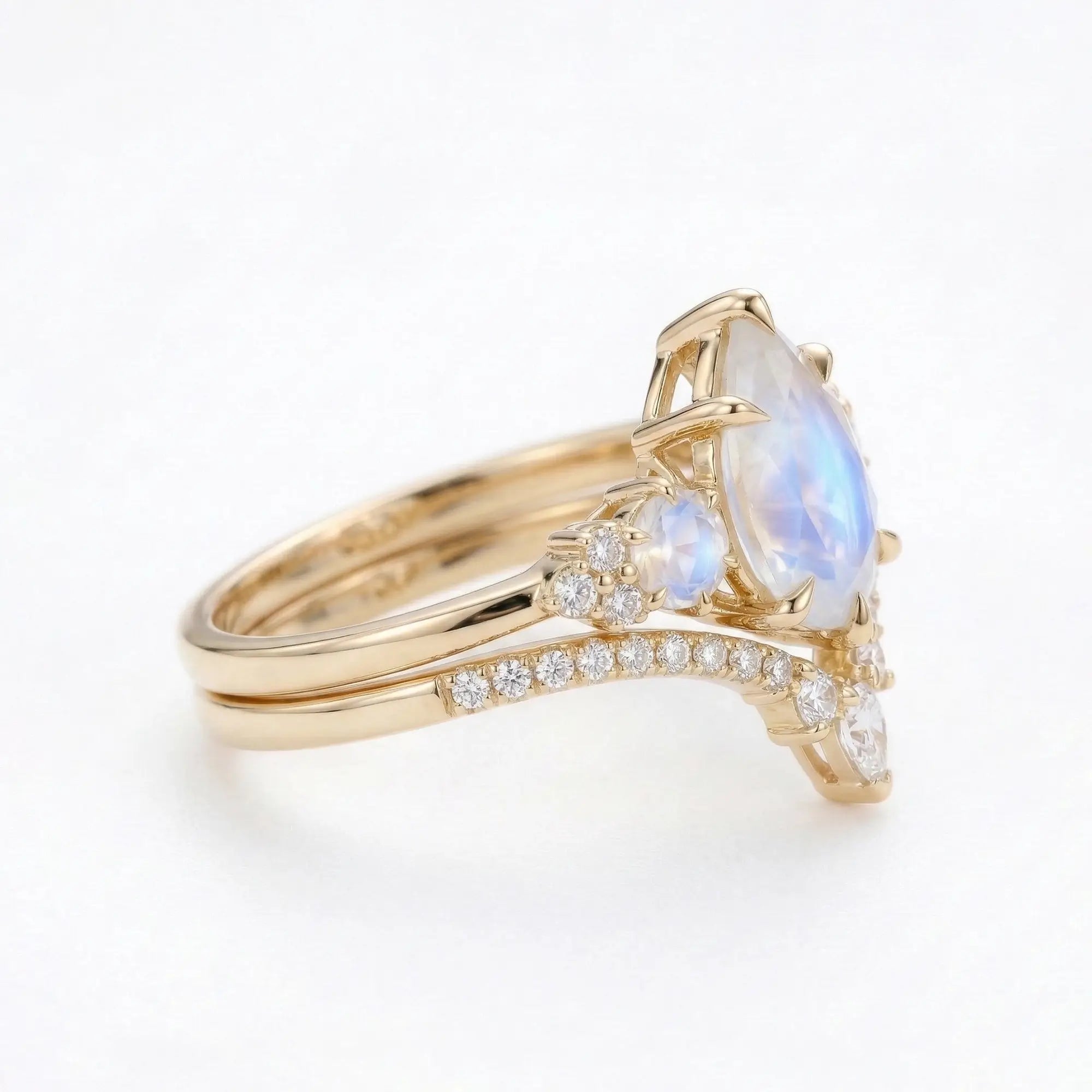 june birthstone moonstone bridal ring set pear moonstone engagement ring with moissanite curved wedding band feminine vintage style