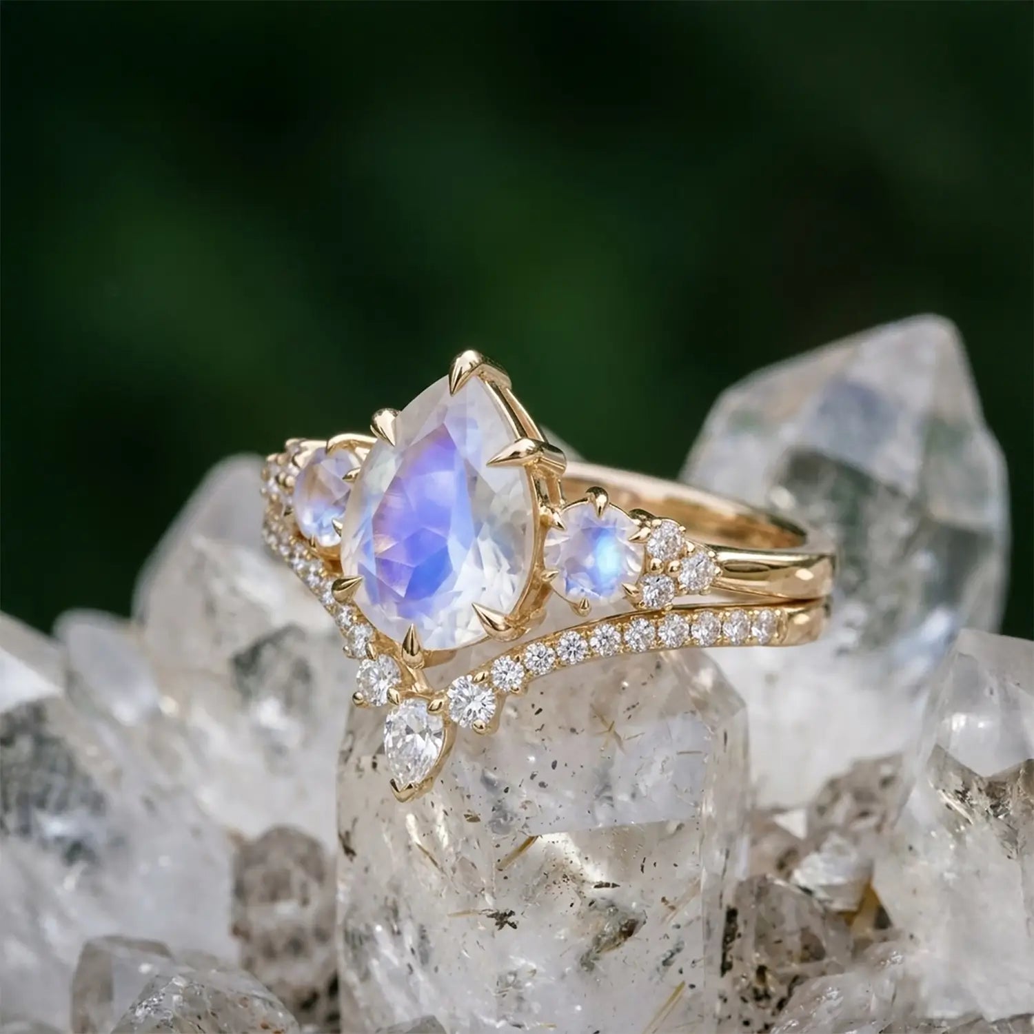 pear shaped moonstone three stone engagement ring set june birthstone moonstone bridal set gold