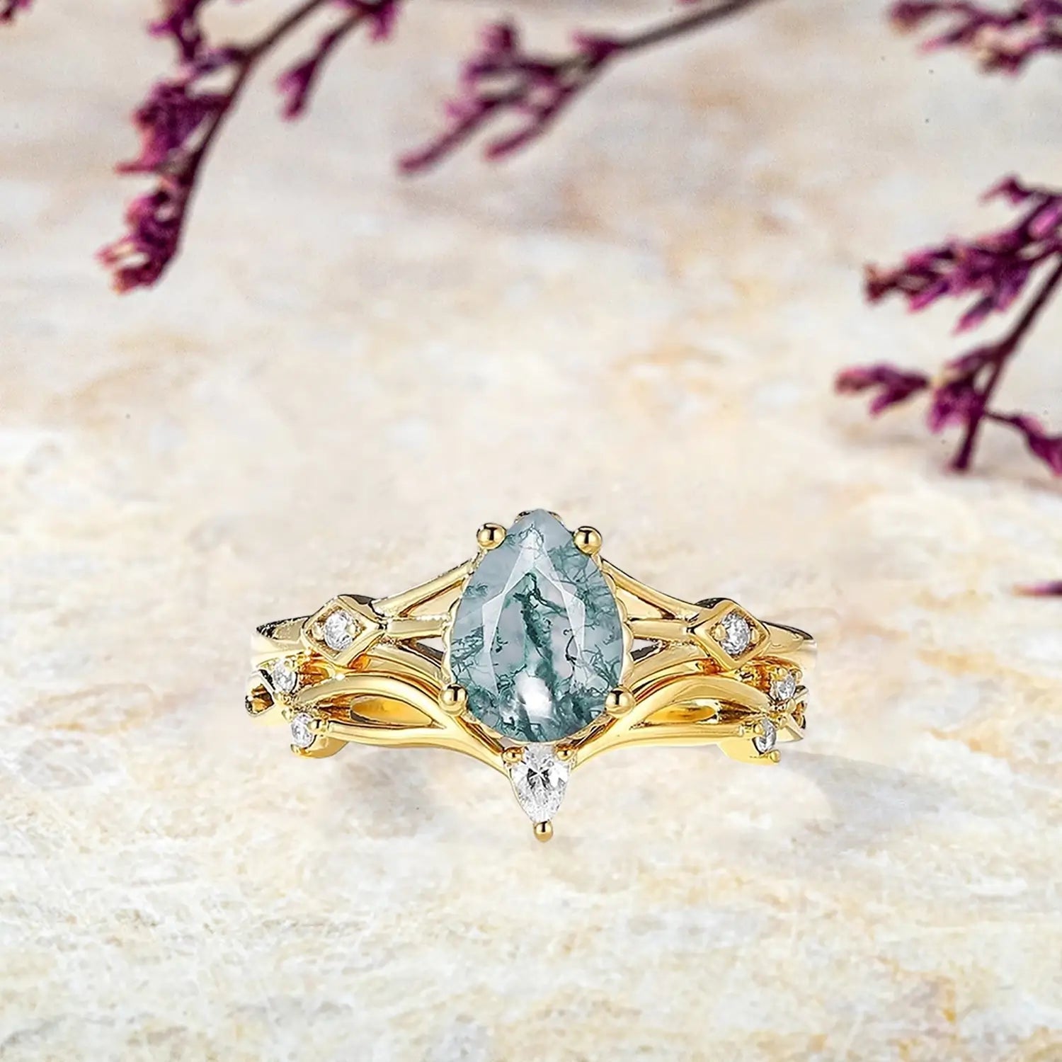pear moss agate engagement ring, nature-inspired bridal set, branch twig wedding ring, 18K gold engagement ring