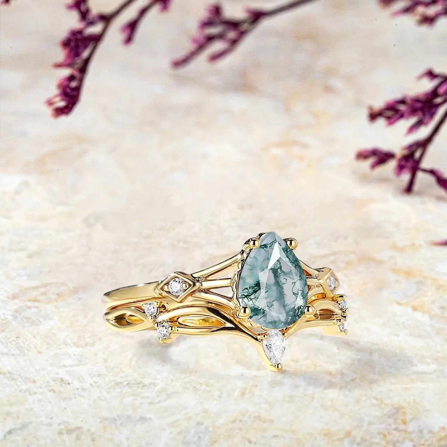 moss agate ring set, handmade engagement rings, unique wedding rings for women, moissanite accent ring