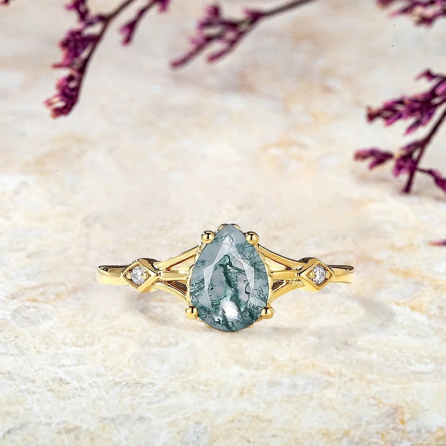 Pear Moss Agate Branch Engagement Ring  18K Gold