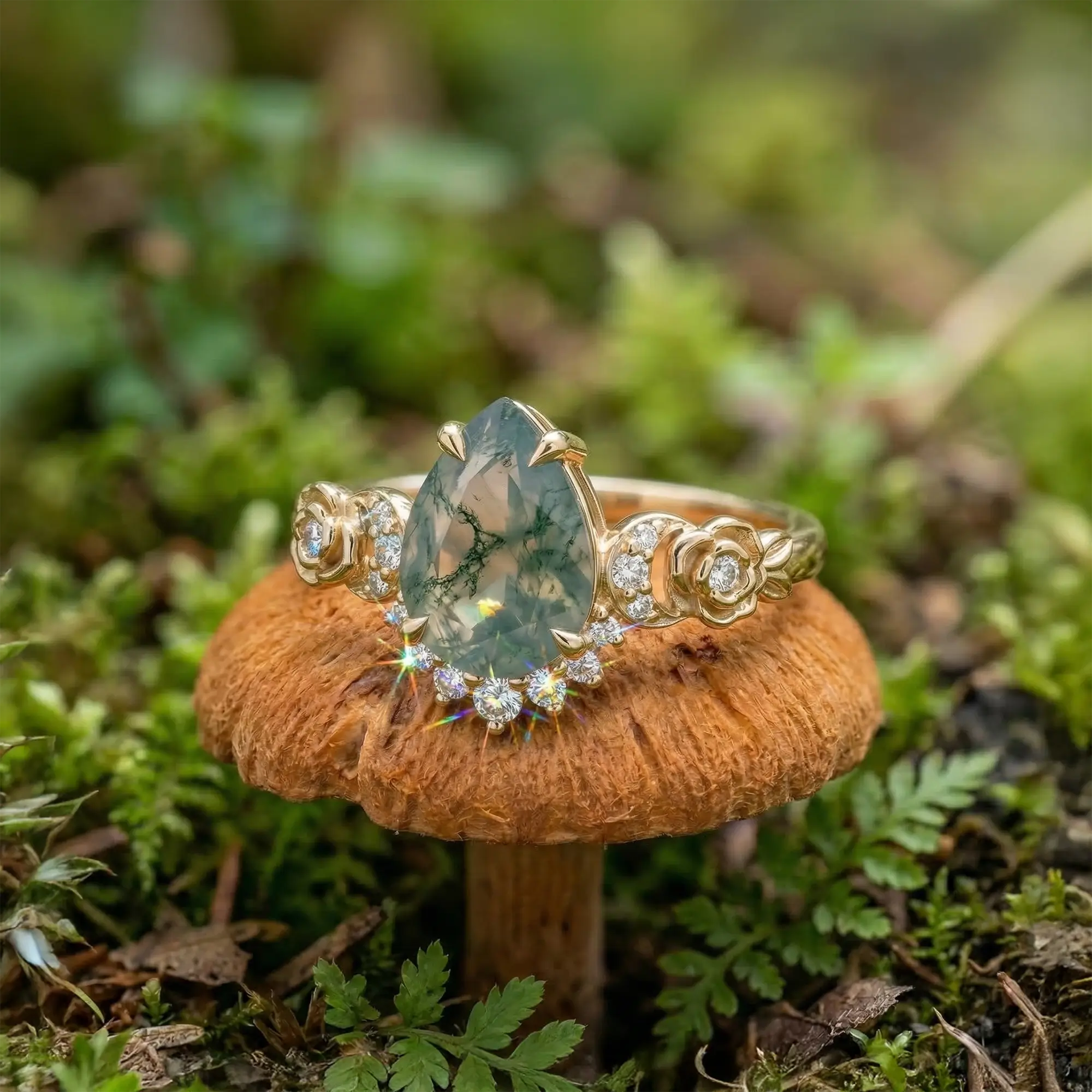 pear shaped moss agate rose blossom engagement ring nature inspired floral moss agate ring