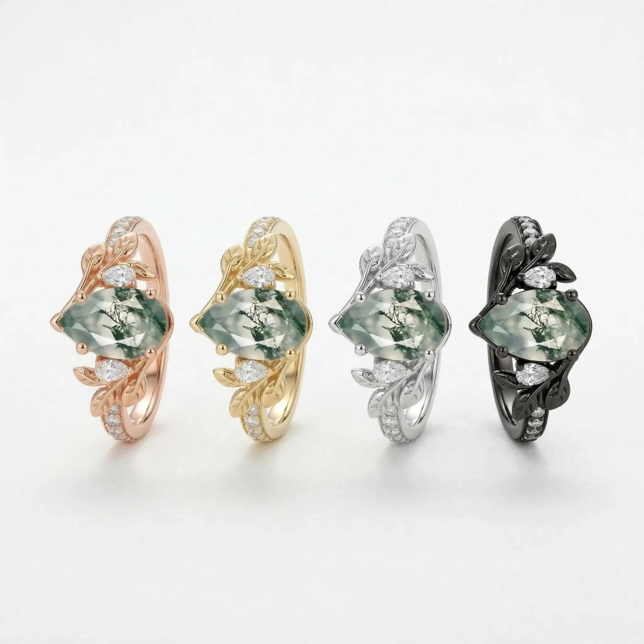 unique pear moss agate leaf promise ring nature inspired engagement ring with moissanite accents 4 color