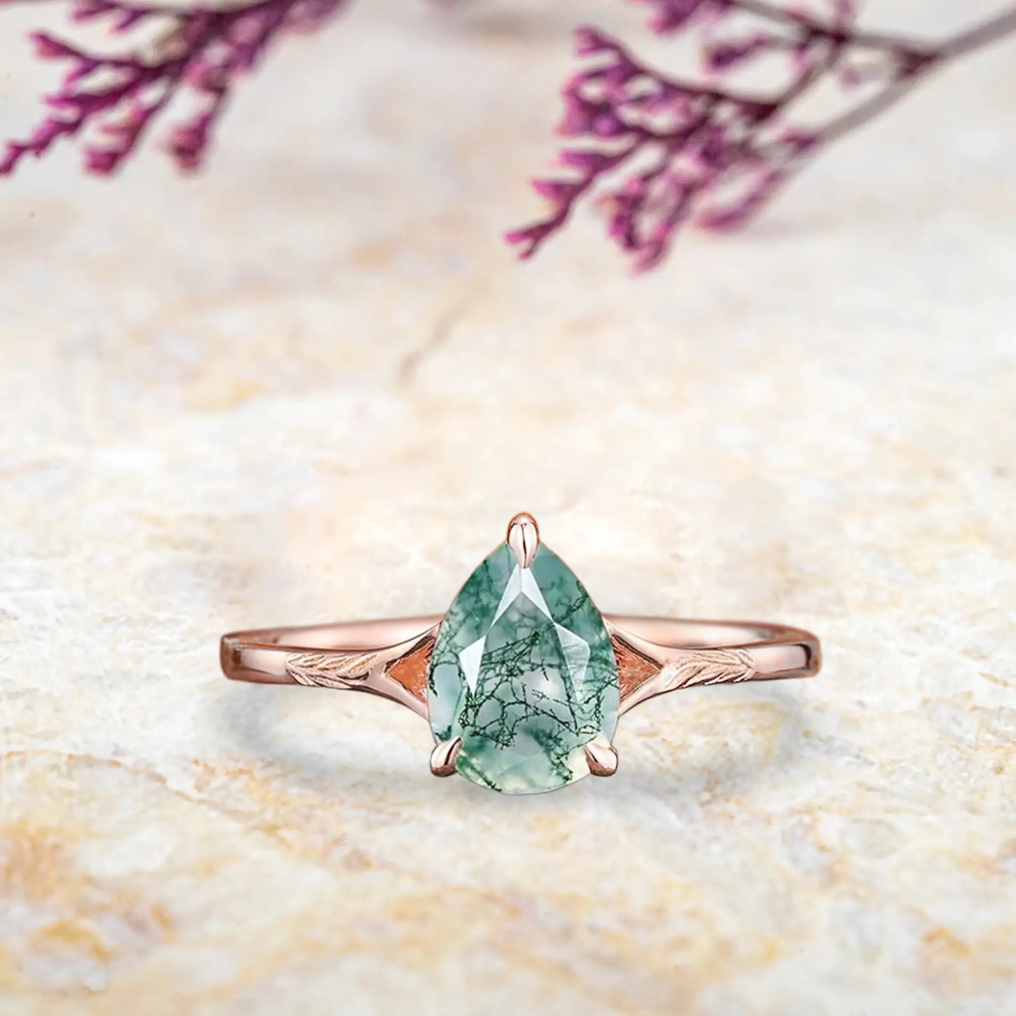 Pear moss agate solitaire engagement ring in rose gold with leaf carved band minimalist design