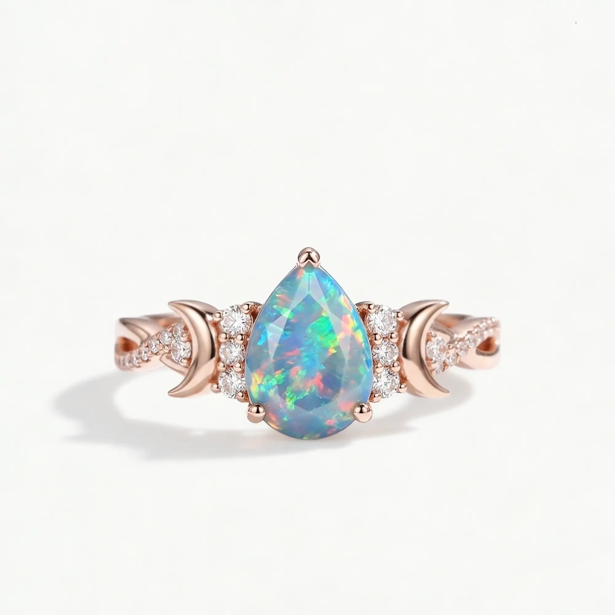 pear opal engagement ring crescent moon twisted pave band