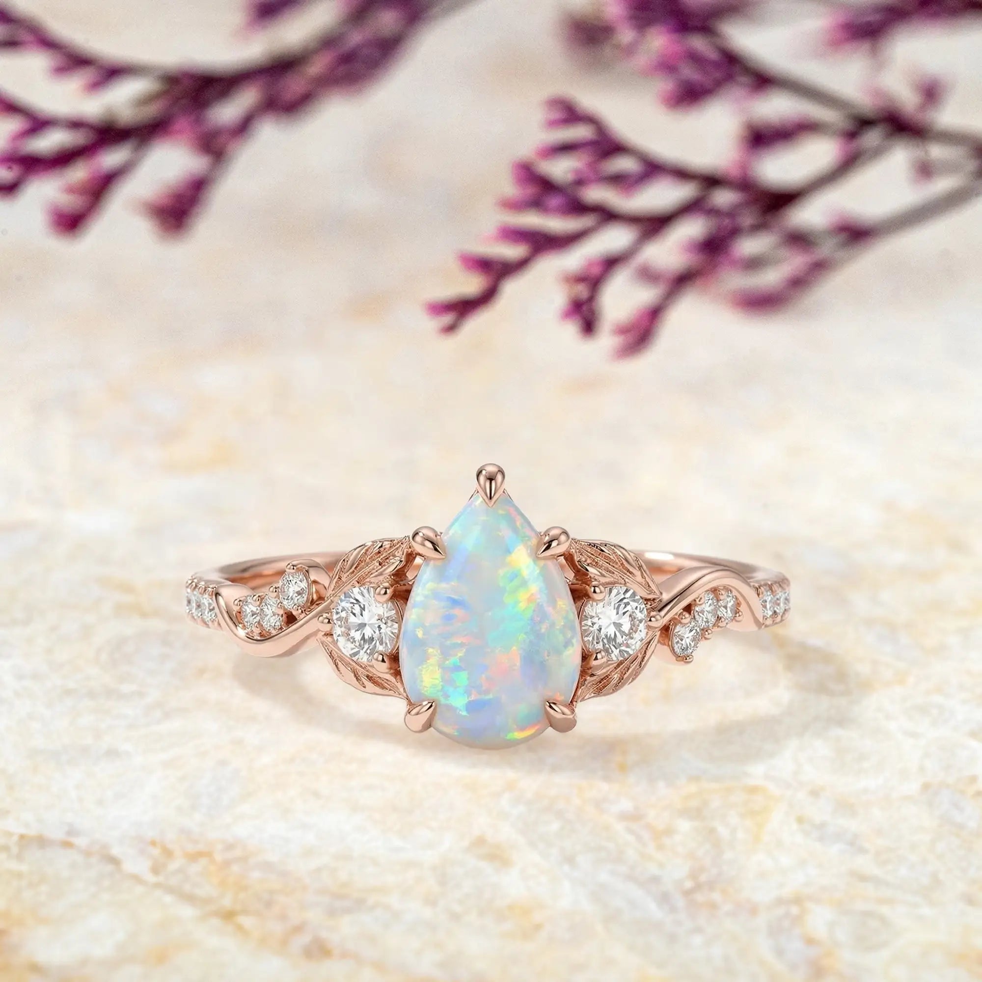 pear cut opal leaf engagement ring vintage gold nature inspired