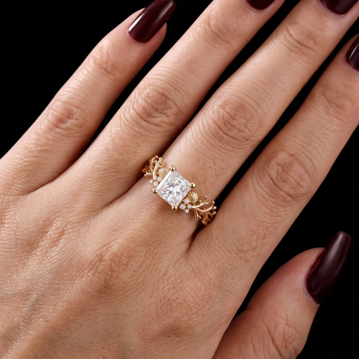 Nature inspired princess cut moissanite ring for women