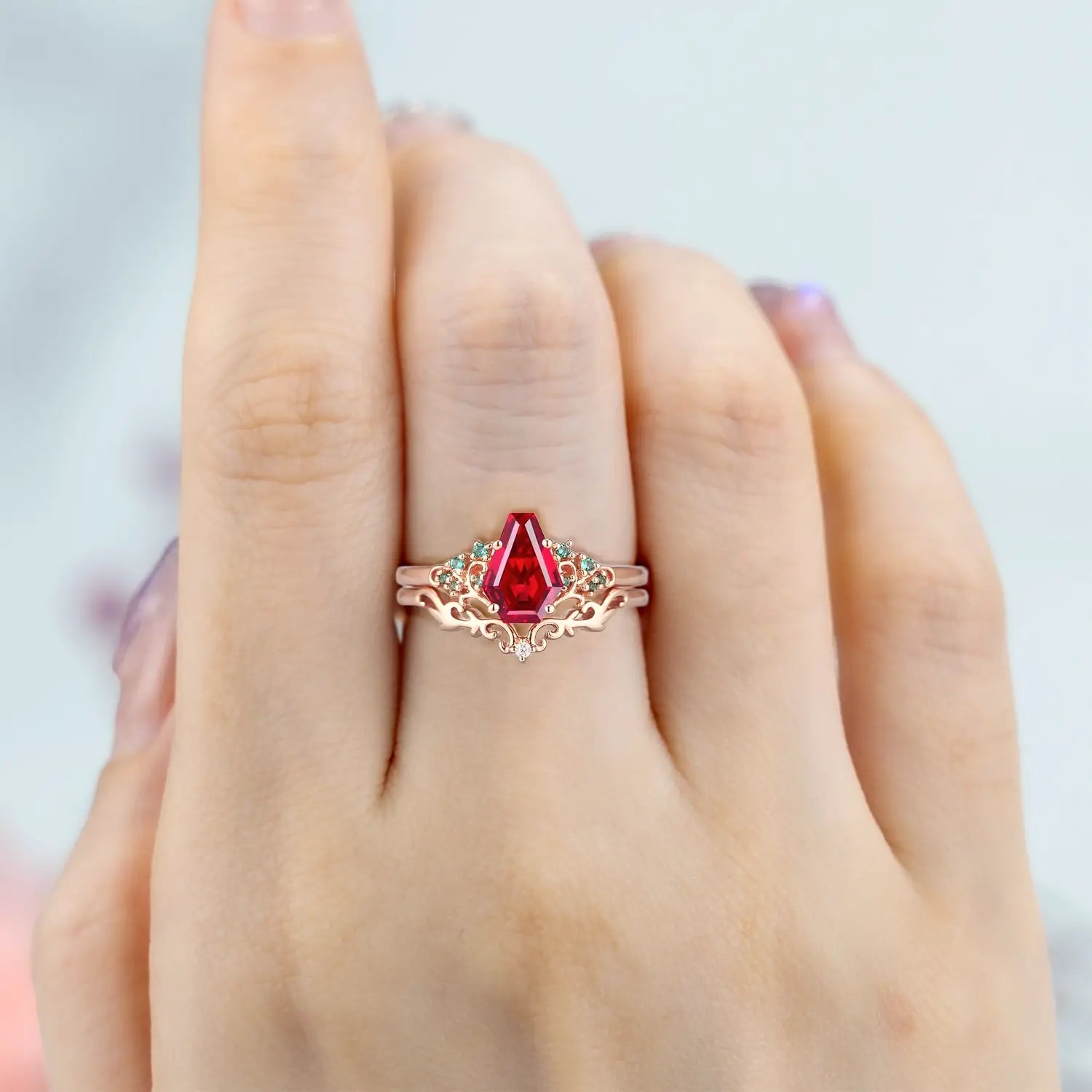 Nature ruby and emerald gold wedding ring set handmade with coral details