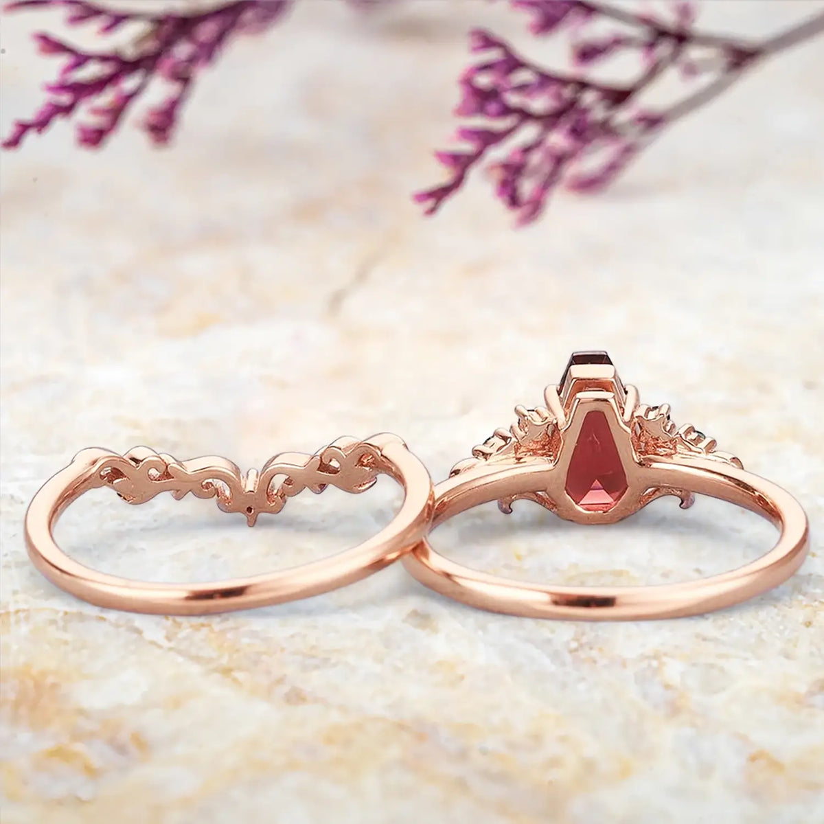coral inspired ruby engagement ring set, custom emerald cluster wedding ring, oceanic lab ruby ring
