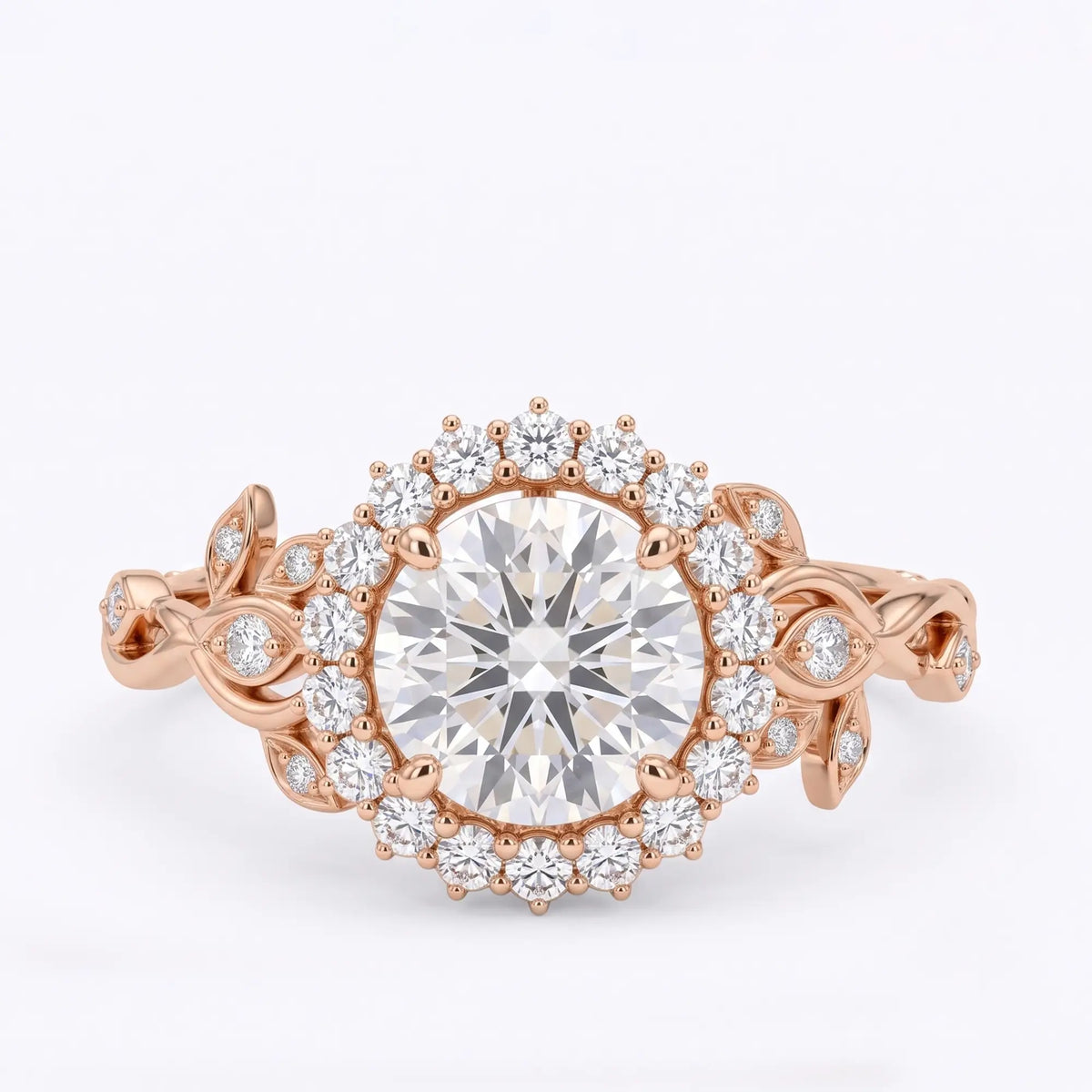 Round cut moissanite botanical halo leaf engagement ring in rose gold with vine-inspired band detail