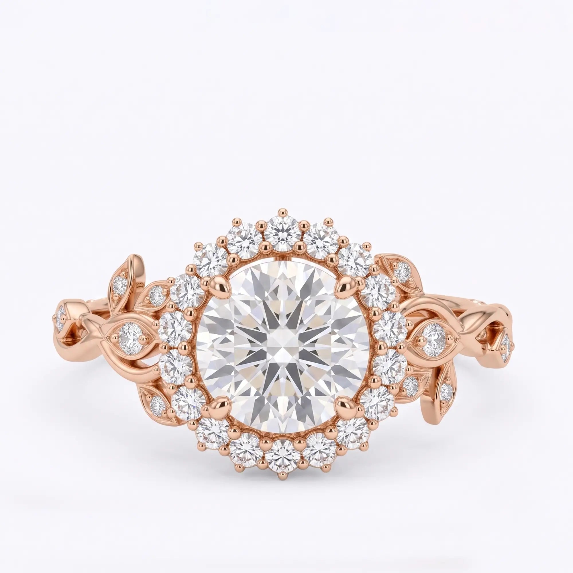Round cut moissanite botanical halo leaf engagement ring in rose gold with vine-inspired band detail