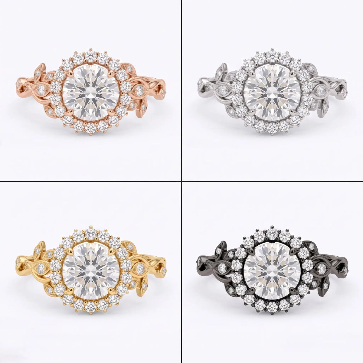 Round moissanite botanical halo leaf engagement ring shown in black gold, white gold, rose gold, and yellow gold