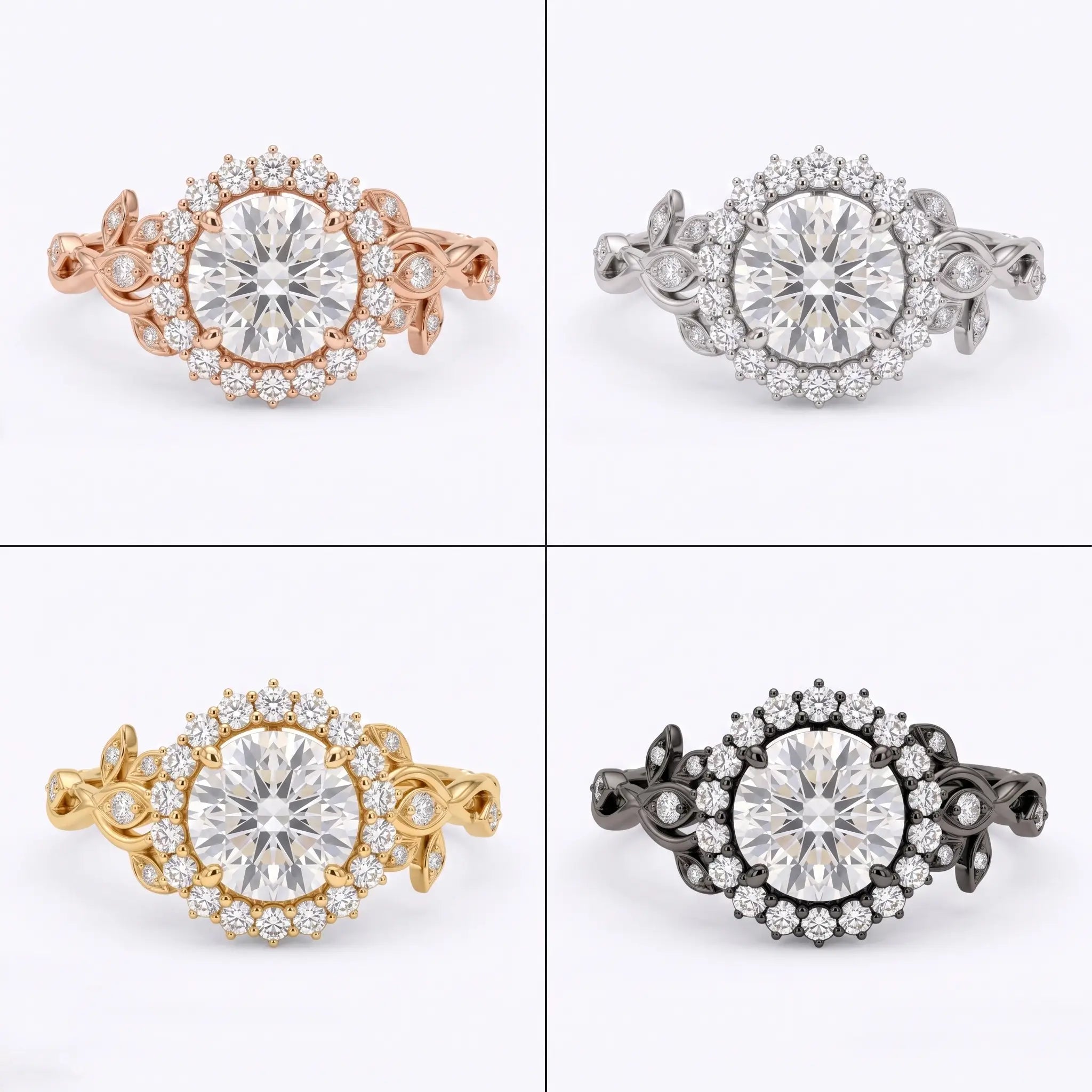 Round moissanite botanical halo leaf engagement ring shown in black gold, white gold, rose gold, and yellow gold