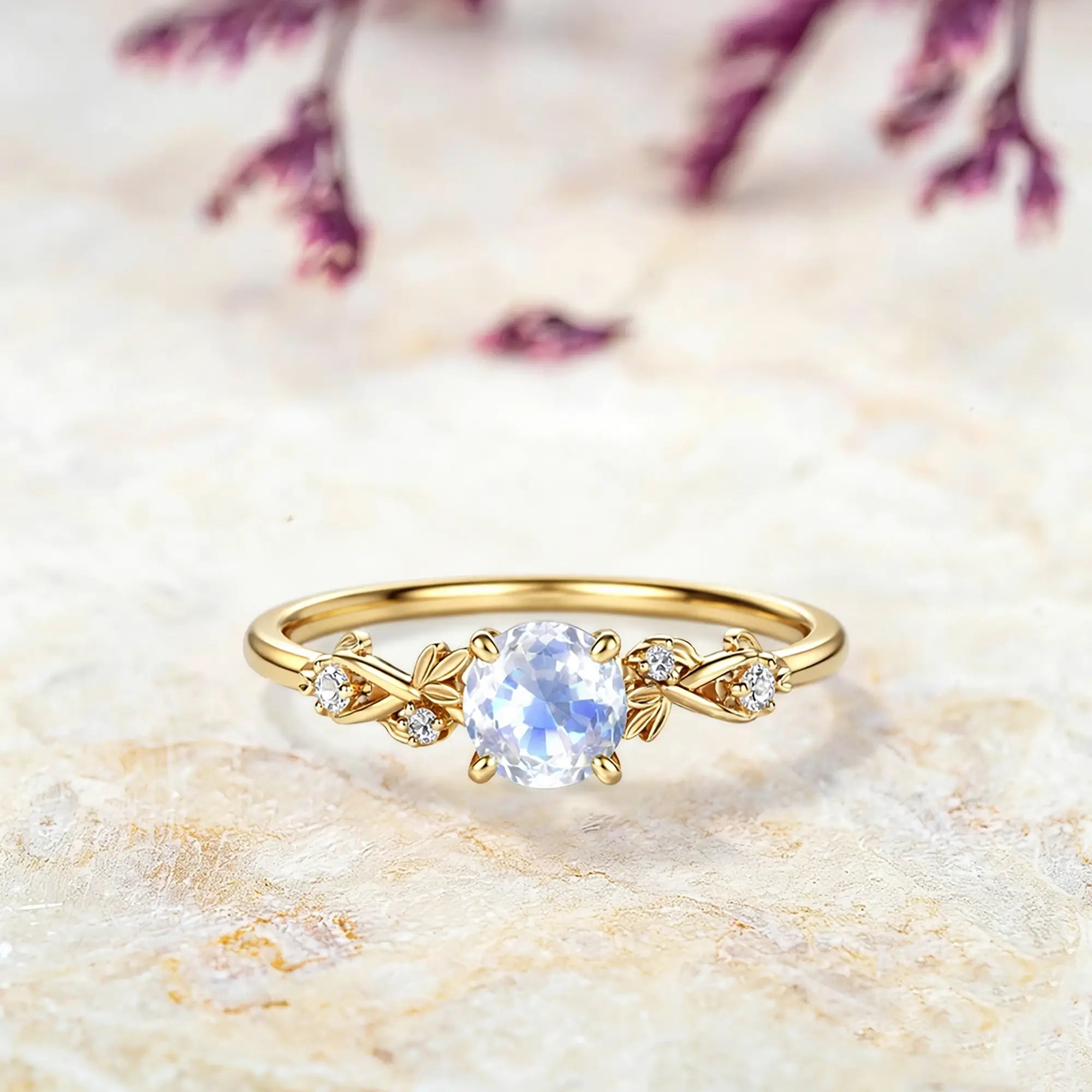 round moonstone leaf engagement ring nature inspired gold ring june birthstone ring for women