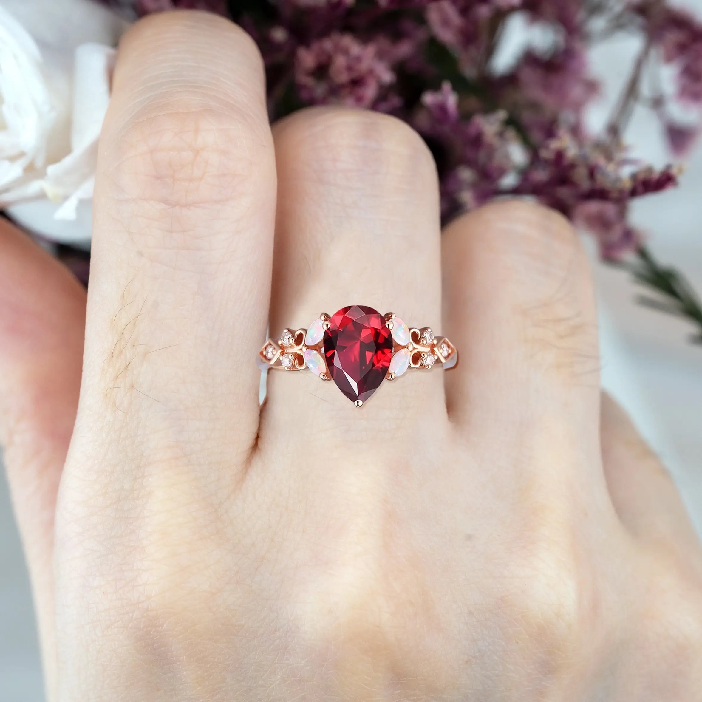Aurelia – Vintage Ruby Engagement Ring with Opal & Diamond Accents | July Birthstone Ring