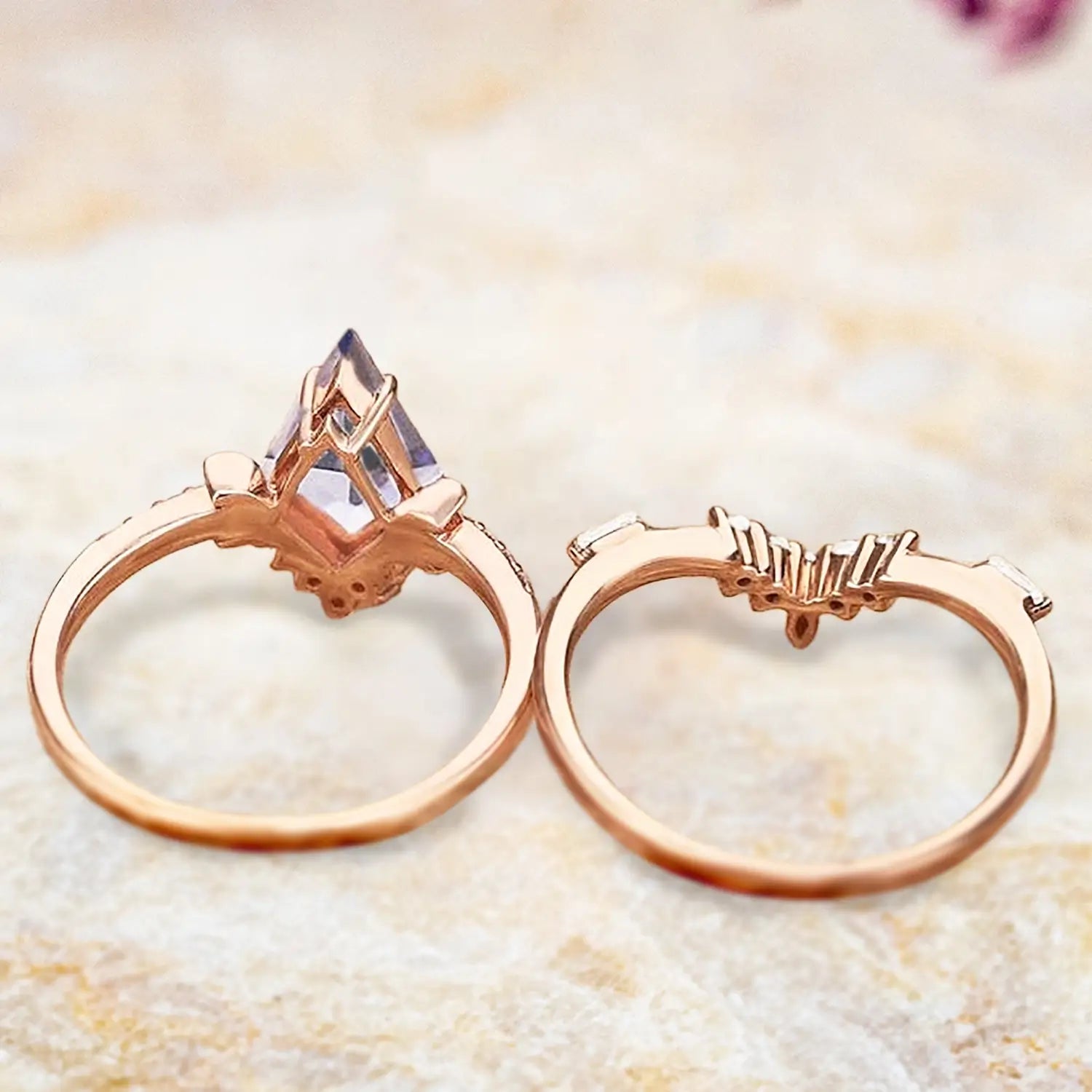 Back view of vintage kite sapphire engagement ring set showing art deco cluster and moon baguette band craftsmanship