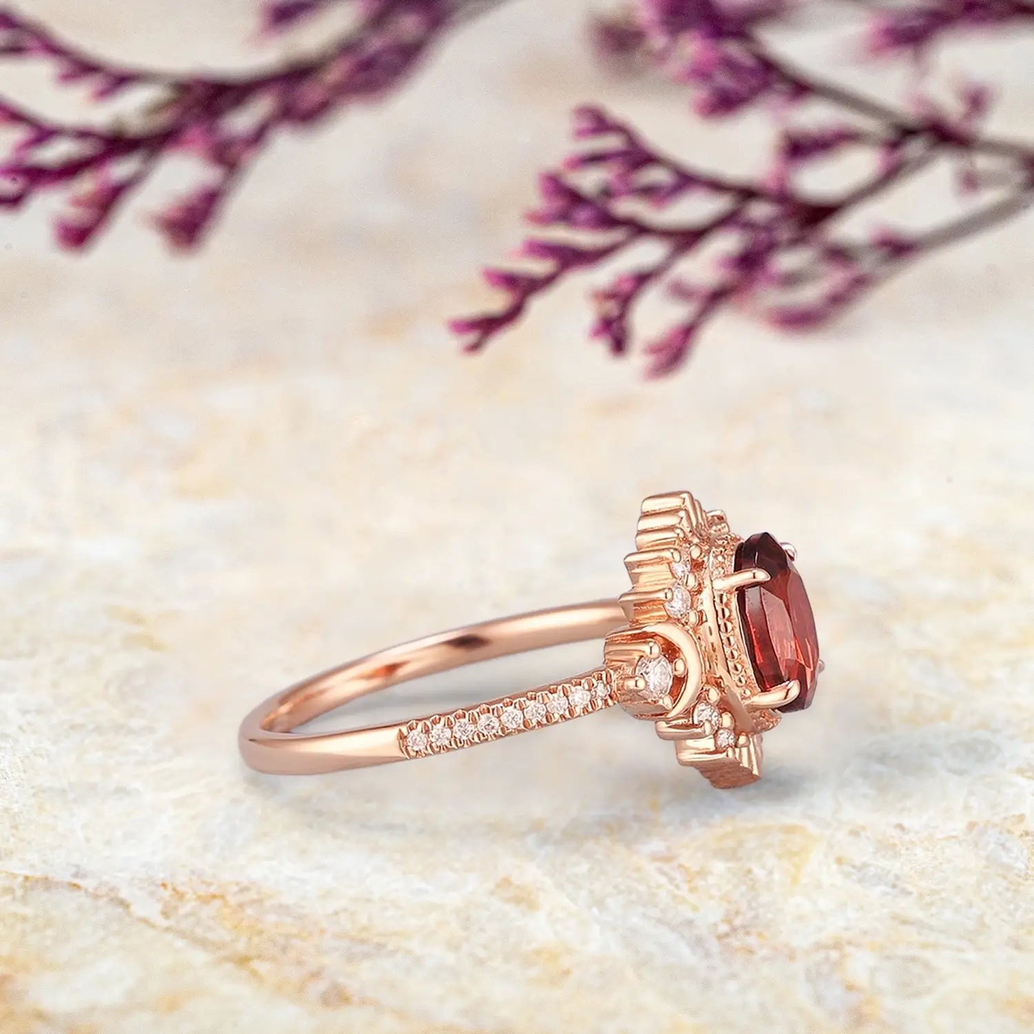 Selene garnet engagement ring symbolizing passion and devotion