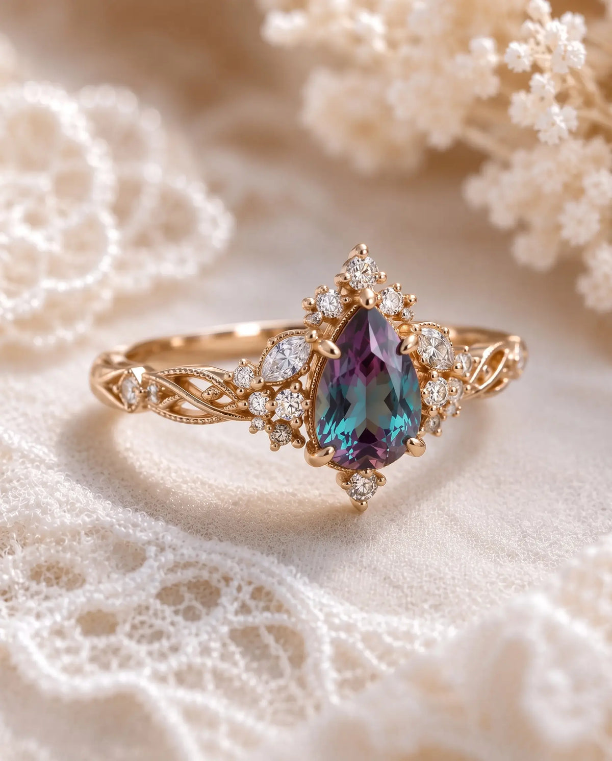 Romantic fine jewelry photograph of Selviora, a vintage pear cut lab alexandrite engagement ring with a shimmering cluster halo and intricate rose gold filigree.