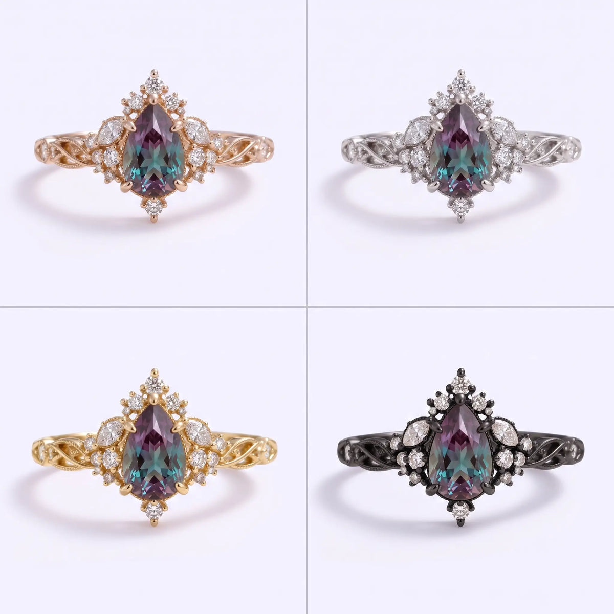 Selviora pear cut lab alexandrite engagement ring displayed in yellow gold, rose gold, white gold and black gold, featuring a vintage cluster halo and openwork design.