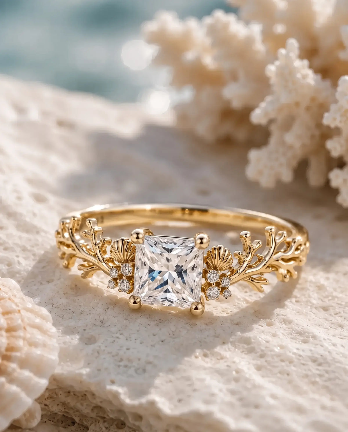 Unique princess cut moissanite engagement ring in ocean inspired design