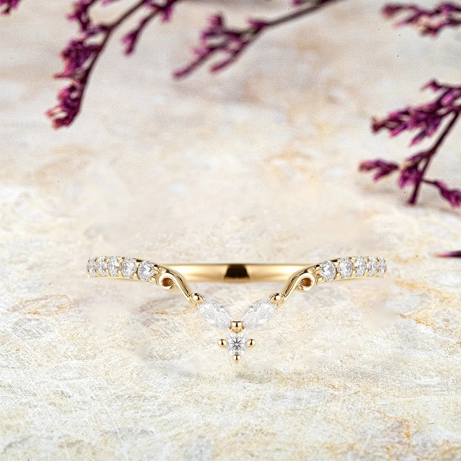 Rose Gold V-Shaped Moissanite Stackable Matching Wedding Bnad | women ring