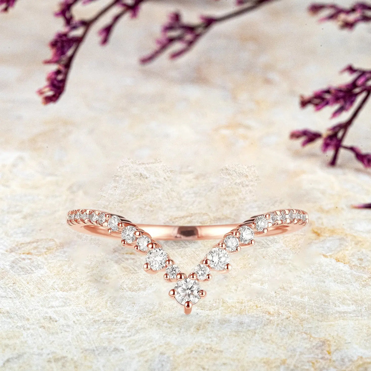 Custom 18K Rose Gold Moissanite Wedding Band - Chevron Stacking