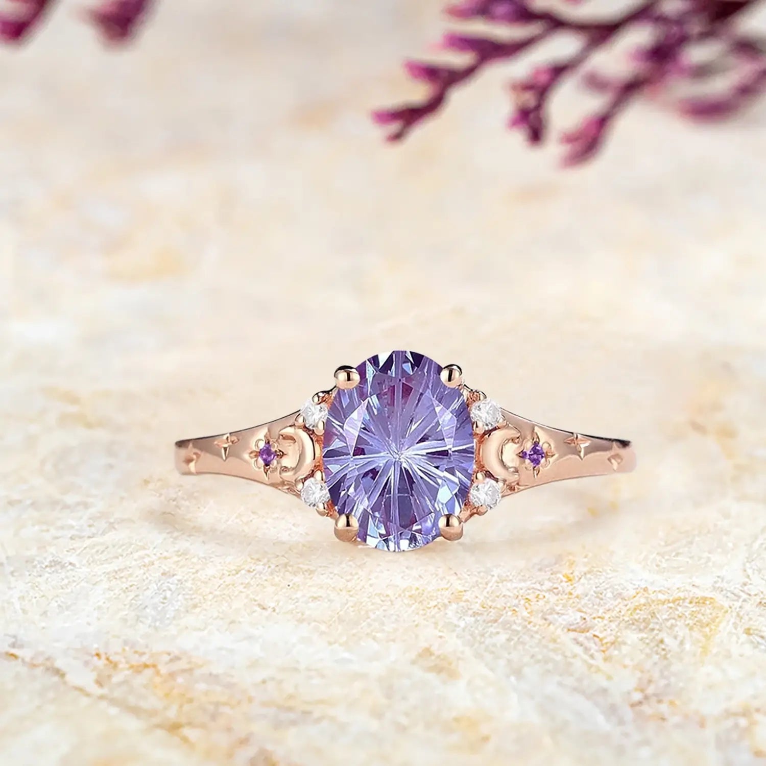 Starbright Alexandrite Moon Ring front view in rose gold