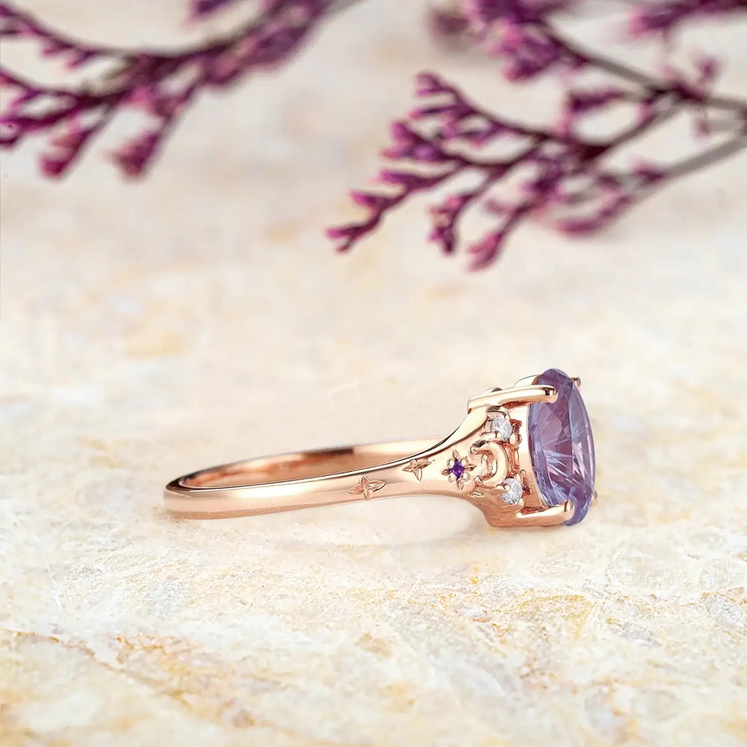 Alexandrite engagement band with celestial detailing
