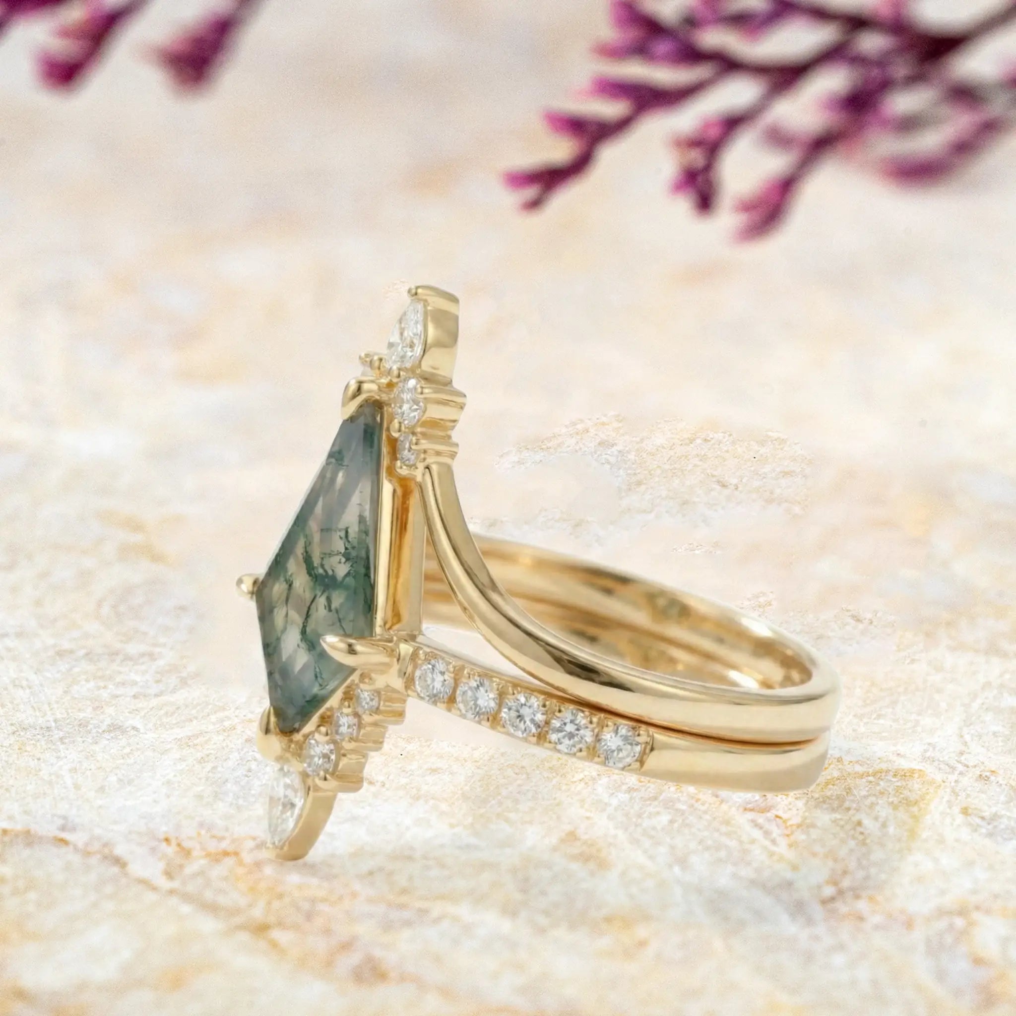 minimalist kite cut moss agate bridal ring set