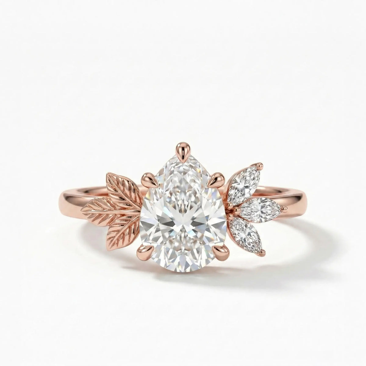 Pear Cut Moissanite Leaf Engagement Ring Nature Inspired Cluster Floral Rings - Sylvéra